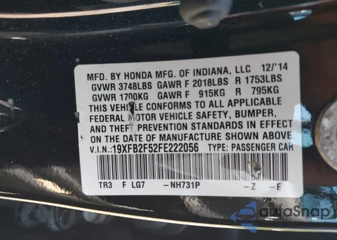 2015 Honda Civic Lx z USA, uszkodzony, nr VIN 19XFB2F52FE222056